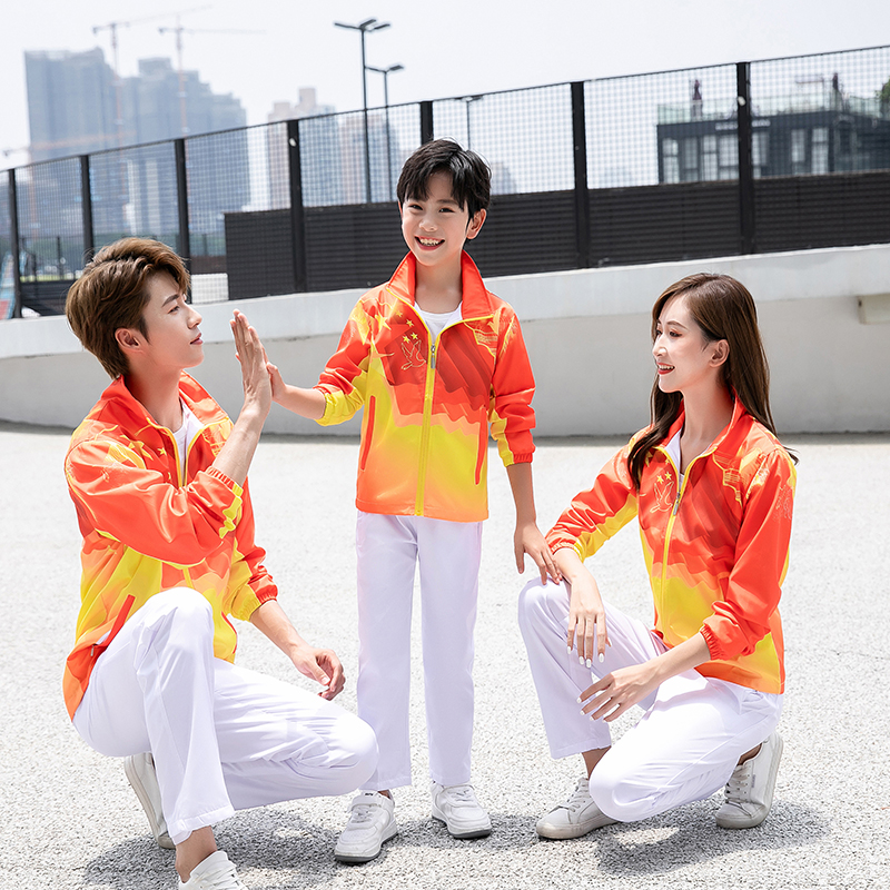 2021情侣亲子运动套装 长袖桔红 长裤黑/白 童2XS-S 女M-3XL 男L-6XL